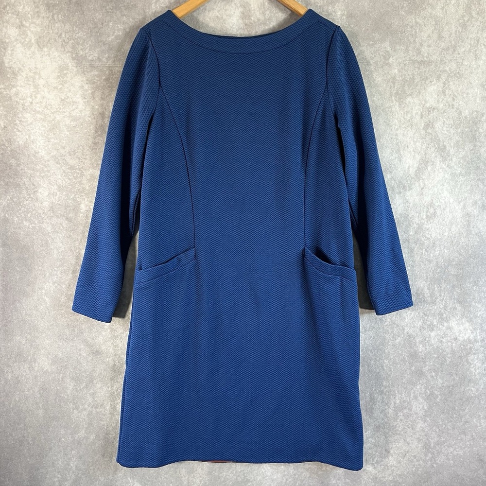 Boden Shift Dress Womens 12L Blue Chevron Textured Long Sleeve Pockets J0774
